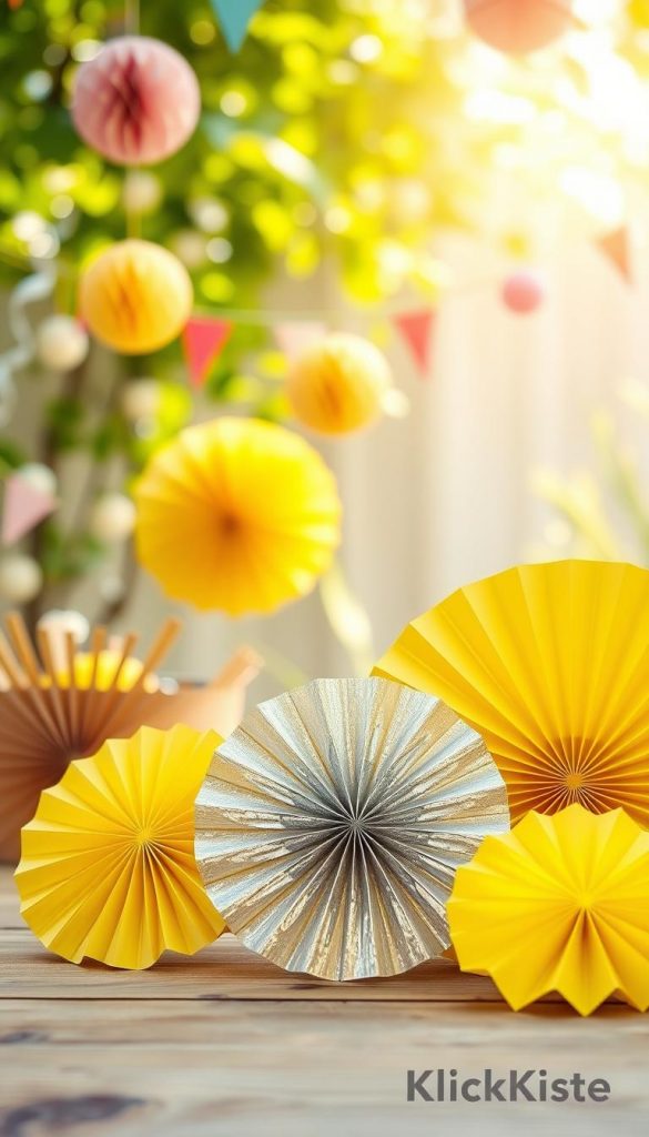 Create a vibrant image featuring a decorative scene centered on yellow and silver paper fans. In the foreground, showcase intricately folded paper fans in bright yellow and shimmering silver, arranged elegantly on a wooden table. In the middle ground, include delicately crafted honeycomb balls and colorful garlands, contributing to a festive and joyful atmosphere. The background should depict a softly blurred outdoor setting, hinting at a spring garden with gentle sunlight filtering through green leaves. Use warm, natural lighting to enhance the inviting mood, aiming for a bright and sunny ambiance. The composition should reflect a DIY aesthetic with a Pinterest-worthy look, embodying creativity and inspiration. Include the brand name "KlickKiste" subtly in the scene.
