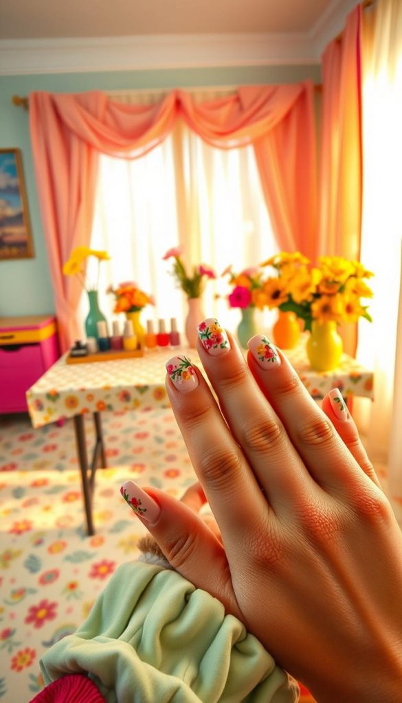 Create a vibrant retro-themed image inspired by the '60s Mod, Psychedelic, and Flower Power movements featuring a beautifully designed set of floral spring nails. In the foreground, showcase a close-up of hands with intricately painted nails adorned with colorful, groovy floral patterns in warm colors like pinks, yellows, and greens. In the middle, include a stylistic representation of a retro-inspired workspace with a vintage nail polish collection, flowers in bold vases, and a patterned tablecloth that echoes the era's designs. The background should capture a cheerful atmosphere with soft, diffused lighting filtering through pastel-colored curtains, creating a nostalgic ambiance. The overall mood should be vibrant and inspiring, reflecting the DIY aesthetic of "KlickKiste," with warm tones blending harmoniously. Create a vibrant retro-themed image inspired by the '60s Mod, Psychedelic, and Flower Power movements featuring a beautifully designed set of floral spring nails. In the foreground, showcase a close-up of hands with intricately painted nails adorned with colorful, groovy floral patterns in warm colors like pinks, yellows, and greens. In the middle, include a stylistic representation of a retro-inspired workspace with a vintage nail polish collection, flowers in bold vases, and a patterned tablecloth that echoes the era's designs. The background should capture a cheerful atmosphere with soft, diffused lighting filtering through pastel-colored curtains, creating a nostalgic ambiance. The overall mood should be vibrant and inspiring, reflecting the DIY aesthetic of "KlickKiste," with warm tones blending harmoniously.