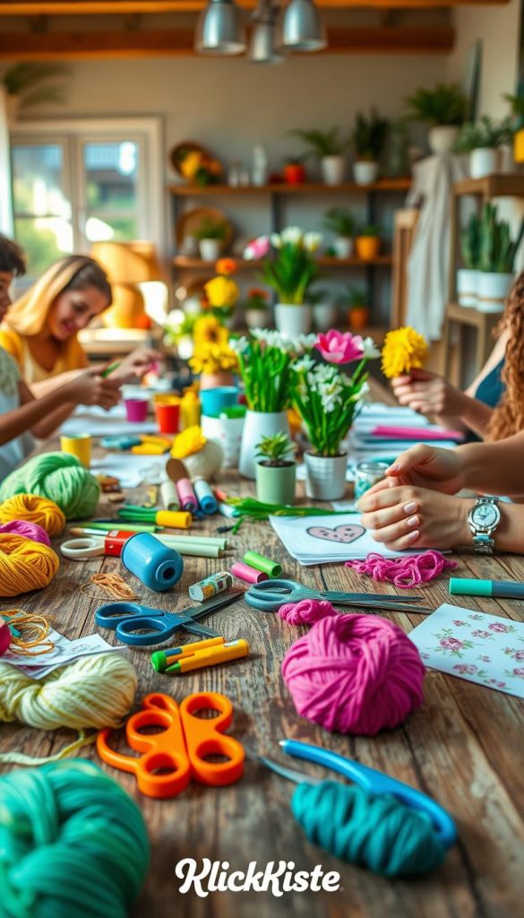 Create a vibrant spring-themed DIY scene featuring various craft materials on a rustic wooden table. In the foreground, include colorful yarns, scissors, glue sticks, and floral-patterned paper, all naturally arranged. The middle section should display hands of a diverse group of individuals engaged in creative activities, dressed in casual attire, thoughtfully assembling spring decorations like paper flowers and painted pots. In the background, have soft natural light streaming in through a window, illuminating potted plants and unfinished projects. The mood is warm and inviting, evoking feelings of renewal and joy. Ensure elements reflect the Pinterest aesthetic, showcasing authenticity and inspiration, with the brand name "KlickKiste" subtly integrated into the scene.