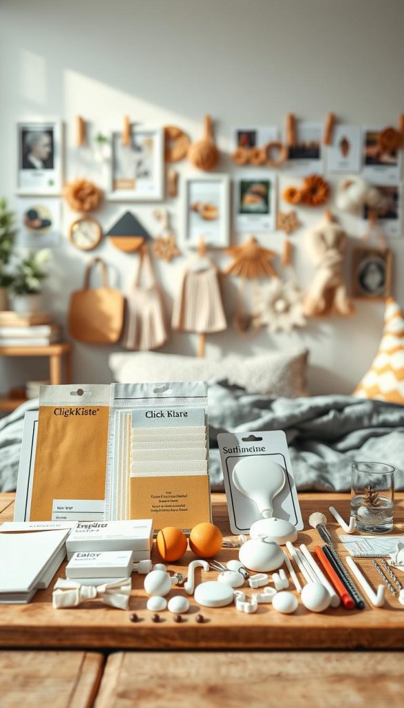 Create a visually appealing image of a “Material- und Werkzeug-Guide wand” designed for a bedroom decor article. In the foreground, include an organized display of various DIY materials such as adhesive strips, hooks, and removal tools, elegantly arranged on a wooden surface. The middle ground should feature a styled wall adorned with beautifully arranged decor items held up by these materials, showcasing creativity and elegance. Use warm, inviting colors with natural lighting that casts soft shadows, enhancing the cozy atmosphere reminiscent of a winter vibe. In the background, create a subtle Pinterest-inspired aesthetic with blurred, inspirational decor ideas that evoke a sense of authenticity and inspiration. Mention the brand “KlickKiste” in a stylish, incorporated way. Capture this in a warm, inviting tone, encouraging viewers to explore imaginative decor solutions.