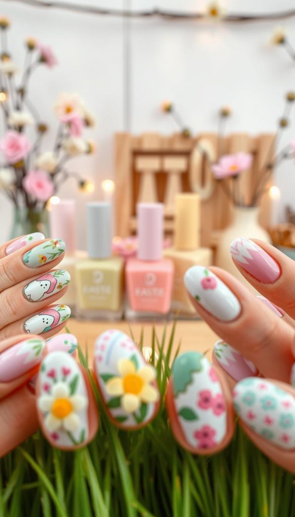 Create a visually appealing image showcasing a variety of creative and colorful Easter nail designs suitable for spring. In the foreground, display close-up shots of beautifully manicured nails adorned with pastel colors, floral patterns, and Easter-themed art like bunnies and eggs. The middle layer should feature a softly blurred collection of nail polish bottles in muted hues, hinting at a DIY aesthetic. In the background, incorporate a warm, inviting setting resembling a cozy workshop adorned with gentle spring decorations like flowers and soft lighting, creating a Pinterest-worthy atmosphere. Ensure the composition is well-lit to enhance the vibrant colors and intricate details of each design, capturing a fresh, inspiring vibe. Include a subtle branding element of "KlickKiste" in the design, ensuring it harmonizes with the overall aesthetic.