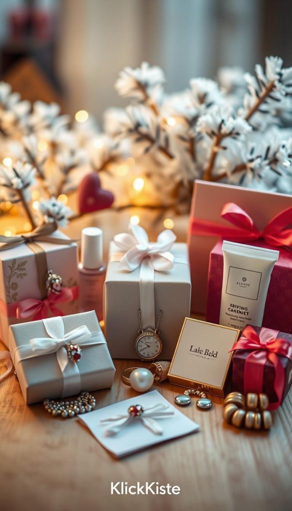 Create a visually appealing overview of Valentine’s Day gift ideas for her, tailored for the section "Valentinstag geschenke für sie - die schnelle Übersicht nach Interessen". In the foreground, feature a beautifully arranged selection of gifts such as elegant jewelry, luxurious skincare products, and charming personalized items, all displayed on a soft, warm-toned wooden surface. The middle layer should include a serene backdrop of blurred winter-themed decor, like frosted pine branches and twinkling fairy lights, creating a cozy atmosphere. The lighting should be soft and inviting, with a warm glow enhancing the natural colors. Capture an authentic Pinterest-inspired aesthetic, evoking feelings of warmth and inspiration. Include a subtle branding element of "KlickKiste" in the composition, ensuring it harmonizes with the overall theme.