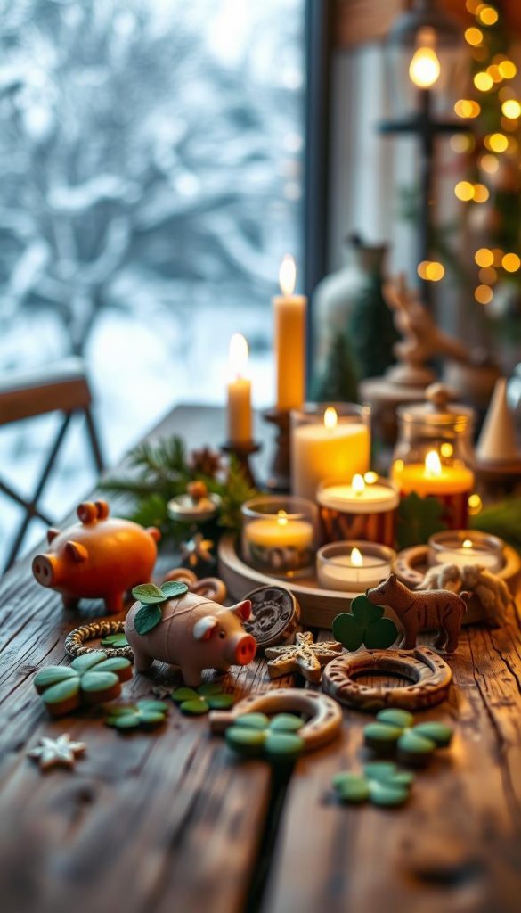 Create a visually striking image of traditional "glücksbringer" (lucky charms) arranged on a rustic wooden table. In the foreground, focus on various handcrafted lucky charms, such as four-leaf clovers, small pigs, and horseshoes, intricately designed with warm colors and natural textures. The middle layer should feature festive decorations like candles, pine branches, and tiny fairy lights, creating a cozy, inviting atmosphere. In the background, softly blurred winter scenery with snow-covered trees and a faint silhouette of a cozy home, evoking a nurturing vibe. Use warm, ambient lighting to enhance the inviting mood, shot with a shallow depth of field, reminiscent of a Pinterest aesthetic. Include elements associated with DIY projects, branded with "KlickKiste" for authenticity, fostering an inspirational winter celebration ambiance.