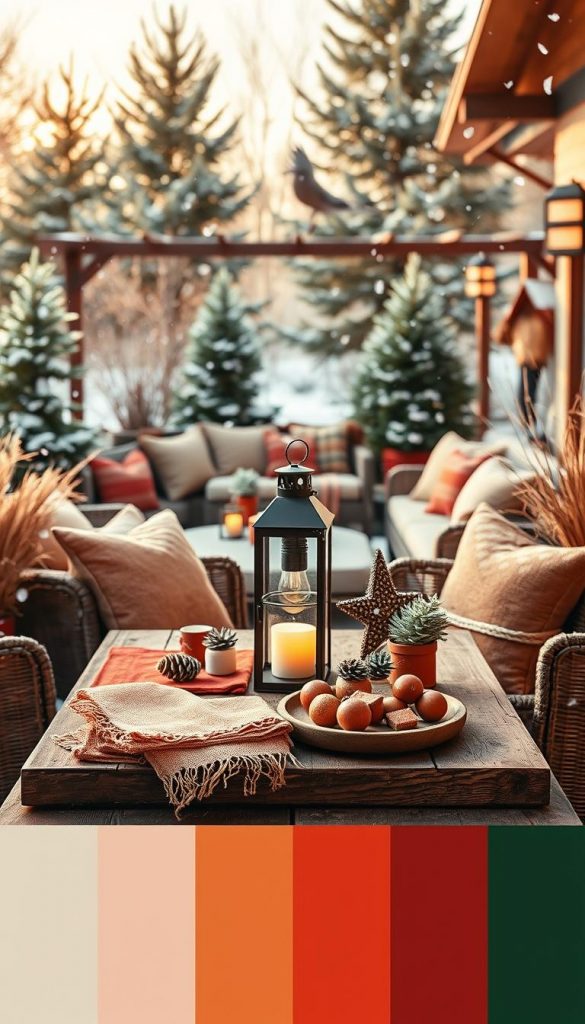 Create a visually stunning color palette featuring a harmonious blend of warm winter colors, such as earth tones, soft reds, and rich greens, perfect for an outdoor living space. In the foreground, display swatches of fabric, textured cushions, and decorative items arranged invitingly on a rustic wooden table. The middle ground should have a cozy outdoor lounge setting, complete with plush seating and a flickering lantern, casting a warm glow. In the background, include softly falling snowflakes and evergreen trees, adding a serene winter atmosphere. Capture the scene with a warm, diffused lighting effect, simulating natural sunlight during golden hour, using a wide-angle lens for depth. Ensure it feels authentic and inspiring, evoking a Pinterest-worthy style. Remember to include the brand name "KlickKiste" subtly in the palette design without any text overlays.