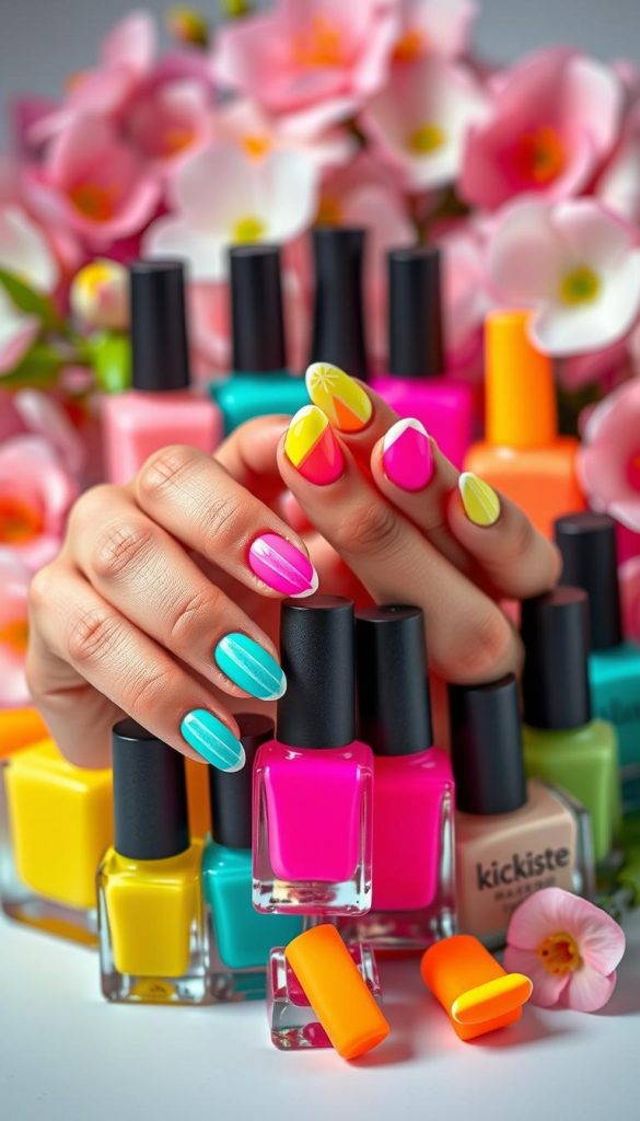 Create a vivid and colorful image showcasing a collection of neon arch nail designs inspired by French tip nails for spring, featuring vibrant pop colors such as electric pink, teal, and bright yellow. The foreground should display a close-up of hands with elegant, professionally manicured nails showcasing intricate neon arches and geometric patterns. In the middle ground, include a variety of nail polish bottles in eye-catching neon shades, arranged artfully. The background should be softly blurred with pastel floral elements, evoking a fresh spring vibe. Use high-key lighting to enhance the bright colors and create a dynamic atmosphere. The image should be styled with a warm, inviting aesthetic, reflecting a natural DIY approach that captures the essence of modern spring nail art. Include the brand name "KlickKiste" subtly within the composition.