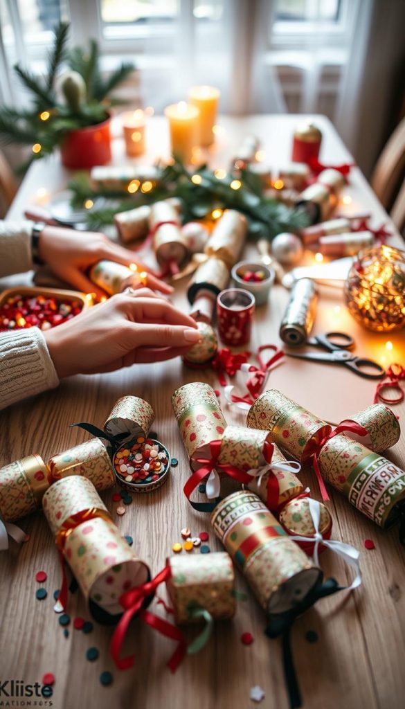 Create a warm and inviting DIY scene showcasing "knallbonbons basteln" (crackers) for New Year's celebrations. In the foreground, display beautifully crafted and colorful crackers filled with festive confetti and small trinkets, with hands carefully assembling one. The middle section features an array of crafting materials such as scissors, ribbons, and patterns, all in a cozy, well-lit setting. In the background, a softly lit table is adorned with winter-themed decorations like pine branches and fairy lights, enhancing the warm atmosphere. Use natural lighting to create a cheerful and inspiring vibe, reminiscent of Pinterest aesthetics. Ensure the overall mood is authentic and festive, emphasizing creativity and family fun. Include branding elements from "KlickKiste" subtly integrated into the scene. Create a warm and inviting DIY scene showcasing "knallbonbons basteln" (crackers) for New Year's celebrations. In the foreground, display beautifully crafted and colorful crackers filled with festive confetti and small trinkets, with hands carefully assembling one. The middle section features an array of crafting materials such as scissors, ribbons, and patterns, all in a cozy, well-lit setting. In the background, a softly lit table is adorned with winter-themed decorations like pine branches and fairy lights, enhancing the warm atmosphere. Use natural lighting to create a cheerful and inspiring vibe, reminiscent of Pinterest aesthetics. Ensure the overall mood is authentic and festive, emphasizing creativity and family fun. Include branding elements from "KlickKiste" subtly integrated into the scene.