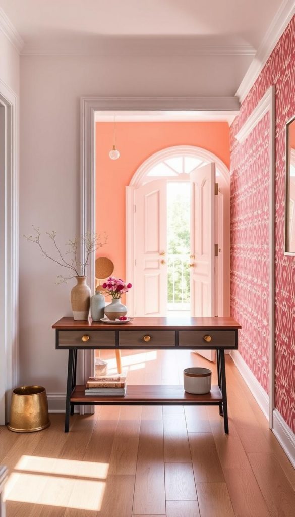 Create a warm and inviting entryway that emphasizes the use of bright colors. In the foreground, feature a stylish console table adorned with decorative elements like flower vases and artful coasters. The middle ground should showcase a wall painted in a soft, pastel hue complemented by a vibrant accent wall featuring a geometric wallpaper pattern to create visual interest. The background should include an open door leading to a sunlit space, enhancing the feeling of openness and warmth. Utilize natural lighting to create soft shadows and highlights, evoking a cozy, welcoming atmosphere. The scene should embody a DIY aesthetic with a Pinterest-inspired look, reflecting the brand KlickKiste. Aim for a bright, uplifting, and harmonious mood that illustrates the beauty of using light colors to enhance spatial perception.