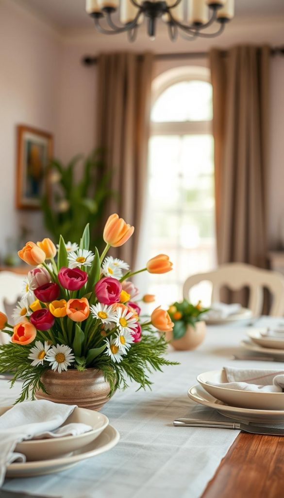 Create a warm and inviting image of a beautifully arranged spring centerpiece for a dining table. In the foreground, showcase an assortment of vibrant flowers such as tulips and daisies in a rustic ceramic vase, surrounded by greenery. The middle ground should feature a simple yet elegant table setting, including pastel-colored plates and soft linen napkins. In the background, softly blurred, include a light, airy window with sunshine streaming in, creating a cheerful ambiance. Utilize natural lighting to enhance the freshness of the scene, capturing a cozy, inviting atmosphere suitable for spring. Ensure the overall mood reflects inspiration and authenticity typical of a Pinterest aesthetic. Include the brand "KlickKiste" subtly in the image.