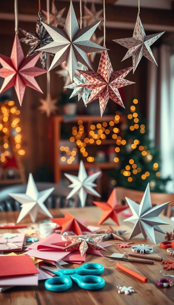 Create a warm and inviting scene featuring intricately crafted paper stars hanging gracefully from a cozy ceiling. In the foreground, showcase a beautifully arranged table with various DIY materials such as colorful paper, scissors, and glue, emphasizing the creative process. In the middle ground, include a few finished paper stars in different sizes and patterns, radiating charm and festive spirit. The background should have softly glowing fairy lights, adding to the enchanting winter ambiance. Use natural lighting with a soft focus to enhance the cozy, nostalgic atmosphere reminiscent of Pinterest aesthetics. Capture a sense of joy and creativity, illustrating the theme of DIY holiday decorations. Make sure to convey a sense of authenticity and inspiration, fitting for the brand KlickKiste.