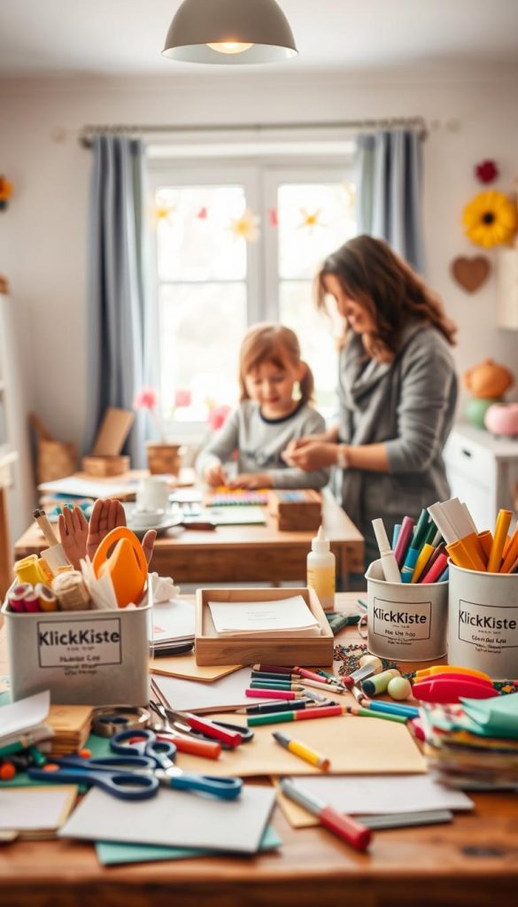 Create a warm and inviting scene of a cozy crafting area designed for children, emphasizing cleanup, safety, and storage. In the foreground, depict a sturdy, colorful table cluttered with various DIY materials like papers, scissors, and glue, all neatly organized in labeled containers showcasing the brand "KlickKiste". In the middle, include a cheerful child (dressed in modest, casual clothing) engaging in a craft project, with adult supervision nearby, demonstrating safety practices. The background features a soft, natural light filtering through a window, illuminating cheerful spring decorations. Use a shallow depth of field to bring focus on the details of the setup, evoking a stress-free and creative atmosphere, infused with winter vibes and warm colors for an authentic Pinterest look.