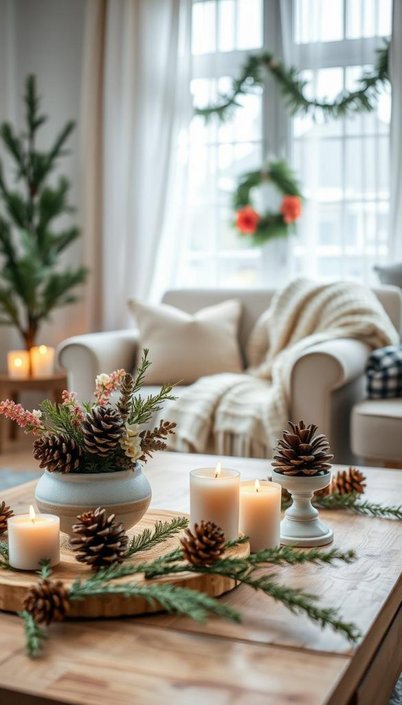 Create a warm and inviting seasonal decoration scene for a cozy living space, inspired by the brand "KlickKiste." In the foreground, showcase a beautifully arranged coffee table adorned with natural elements like pinecones, candles in soft tones, and a small vase of seasonal flowers. In the middle ground, depict a comfortable armchair draped with a knitted throw and festive accents, such as a wreath or garland. In the background, include a softly lit window with sheer curtains, letting in gentle natural light that enhances the cozy atmosphere. Opt for a shallow depth of field to focus on the decorated table while softly blurring the background, creating a Pinterest-worthy vibe filled with winter charm.