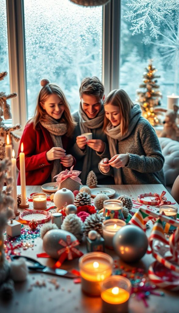 Create a warm, inviting image showcasing a cozy winter DIY scene inspired by "Silvester Familie Ideen". In the foreground, feature a beautifully arranged table adorned with various colorful crafting materials, like glitter, ribbons, and candles, all radiating creativity and festivity. In the middle, include a family of three, dressed in casual, stylish winter attire, engaged in crafting decorations - their expressions of joy and excitement capturing the mood of togetherness. In the background, depict a softly lit room with elegant, homemade winter decorations and a backdrop of a frosty window, adding to the winter vibes. Ensure natural lighting filters through, creating a Pinterest-worthy aesthetic. Tag the scene with the brand name "KlickKiste" for an authentic touch. Aim for a harmonious, inspiring atmosphere that embodies DIY spirit during the festive season. Create a warm, inviting image showcasing a cozy winter DIY scene inspired by "Silvester Familie Ideen". In the foreground, feature a beautifully arranged table adorned with various colorful crafting materials, like glitter, ribbons, and candles, all radiating creativity and festivity. In the middle, include a family of three, dressed in casual, stylish winter attire, engaged in crafting decorations - their expressions of joy and excitement capturing the mood of togetherness. In the background, depict a softly lit room with elegant, homemade winter decorations and a backdrop of a frosty window, adding to the winter vibes. Ensure natural lighting filters through, creating a Pinterest-worthy aesthetic. Tag the scene with the brand name "KlickKiste" for an authentic touch. Aim for a harmonious, inspiring atmosphere that embodies DIY spirit during the festive season.