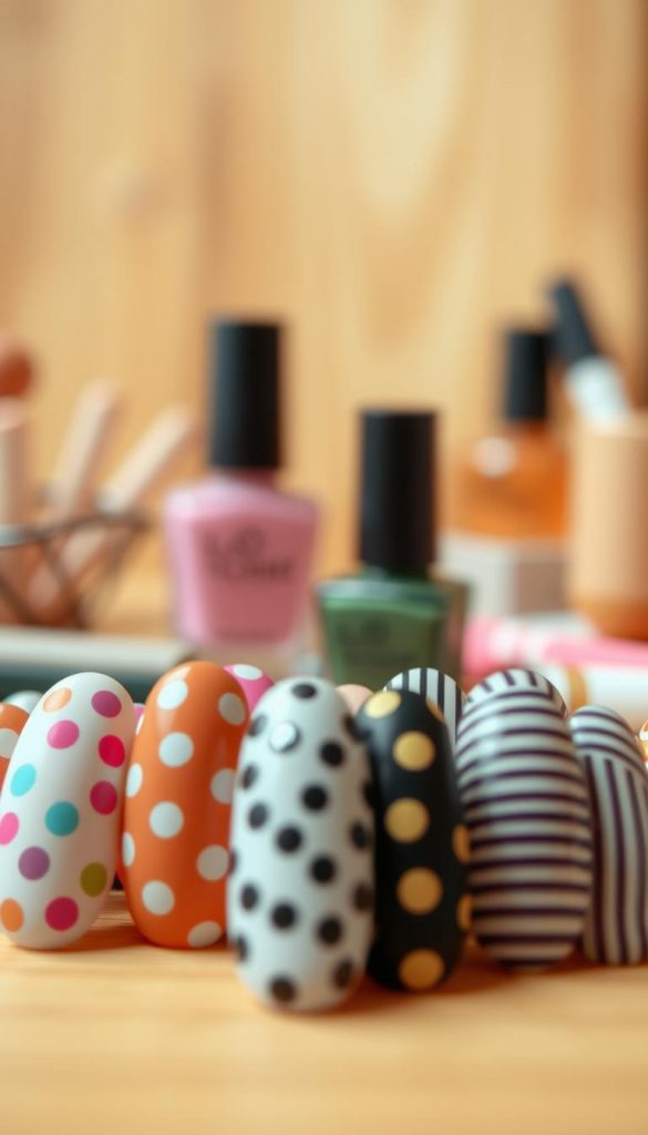 Create an artistic composition featuring a close-up of beautifully designed nails showcasing the theme "Dots & Lines." In the foreground, present an array of nails with a variety of patterns: some adorned with vibrant polka dots in pastel colors, while others exhibit sleek, straight lines in contrasting hues. The middle ground should feature a stylish nail polish bottle in soft focus, enhancing the aesthetic appeal. The background should be a lightly blurred, warm-toned workspace with natural wood textures, evoking a cozy DIY atmosphere. Use soft, diffused lighting to create a warm and inviting glow. Aim for a Pinterest-worthy vibe that inspires creativity and style, reflecting the work of KlickKiste.