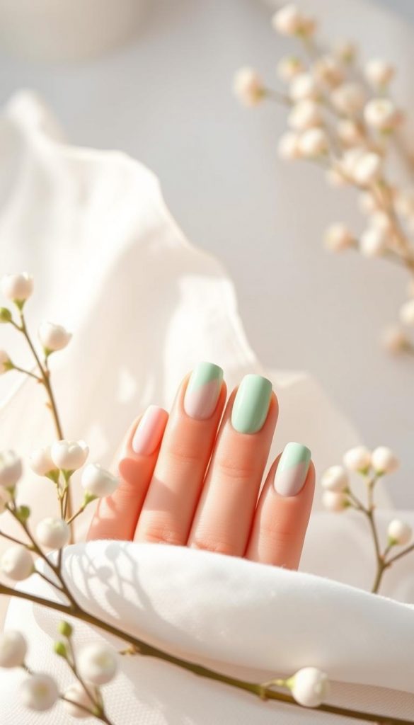 Create an artistic image featuring negative space designs of French tip nails that embody a modern, airy, and light aesthetic. In the foreground, showcase beautifully manicured nails with creative use of negative space, highlighting asymmetrical tips in soft pastel shades like blush pink and mint green. The middle layer should include gentle lighting that creates a warm and inviting atmosphere, enhancing the visual appeal of the nails. In the background, incorporate subtle elements like soft textures and elegant patterns, reminiscent of spring vibes, evoking a sense of renewal and freshness. Capture this scene with a soft focus lens from a slightly elevated angle to emphasize the beauty of both the nails and the overall composition. Ensure the image reflects the brand sentiment of "KlickKiste" with a natural DIY aesthetic, perfect for inspiring viewers on platforms like Pinterest.
