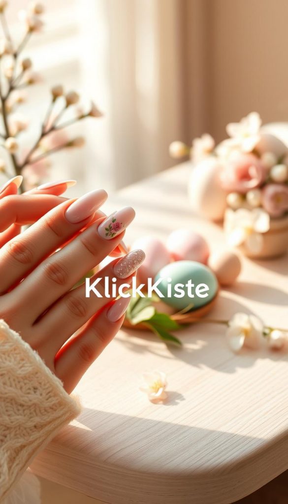 Create an artistic image of an elegant Easter manicure designed for springtime, showcasing pastel and nude colors. In the foreground, display a close-up of beautifully manicured hands featuring timeless nail art with delicate floral patterns and subtle glitter. The nails should be long and shaped elegantly, capturing the essence of spring. In the middle layer, include a soft, cozy atmosphere with a lightly textured wooden table adorned with pastel-colored Easter eggs and blossoming flowers, enhancing the seasonal charm. The background should feature a warm, natural light source that casts gentle shadows, creating a serene and inviting vibe. Emphasize a Pinterest-inspired aesthetic that feels both authentic and inspiring. Include the brand name "KlickKiste" subtly incorporated within the scene, ensuring it complements the overall design without overwhelming it.