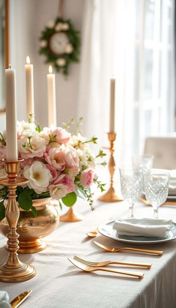 Create an elegant tabletop scene featuring metallic accents in brass and gold, harmoniously blended with pastel decor elements. The foreground should showcase a beautifully arranged centerpiece with a mix of delicate flowers in soft pinks and mint greens, complemented by metallic candleholders and chic servingware from the brand "KlickKiste." In the middle, include an exquisite table setting with sparkling glassware and shimmering plates, all reflecting warm light. The background should softly fade into a light, airy ambiance, bathed in natural sunlight to enhance the spring vibe. Capture this image from a slightly elevated angle, ensuring a crisp focus on the intricate details while maintaining a dreamy atmosphere. Emphasize authenticity and inspiration with a Pinterest aesthetic, portraying a serene yet stylish dining experience.