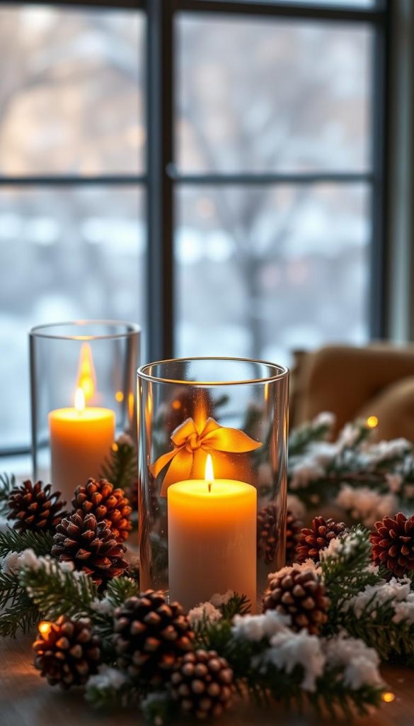 Create an enchanting winter scene featuring DIY hurricane glass candle holders designed by KlickKiste. In the foreground, showcase two elegant hurricane glass candle holders filled with warm, flickering candlelight, surrounded by a cozy arrangement of pinecones and evergreen branches dusted with snow. The middle ground should depict a softly glowing winter ambiance, with gentle light reflecting off the glass, creating a warm and inviting atmosphere. In the background, include a softly blurred winter landscape with delicate snowflakes falling, enhancing the serene mood. Use warm, soft lighting to highlight the glass texture and candle flames, captured at a slight angle to emphasize the elegance and charm of this winter decor. Bring an authentic and Pinterest-worthy inspiration to life.
