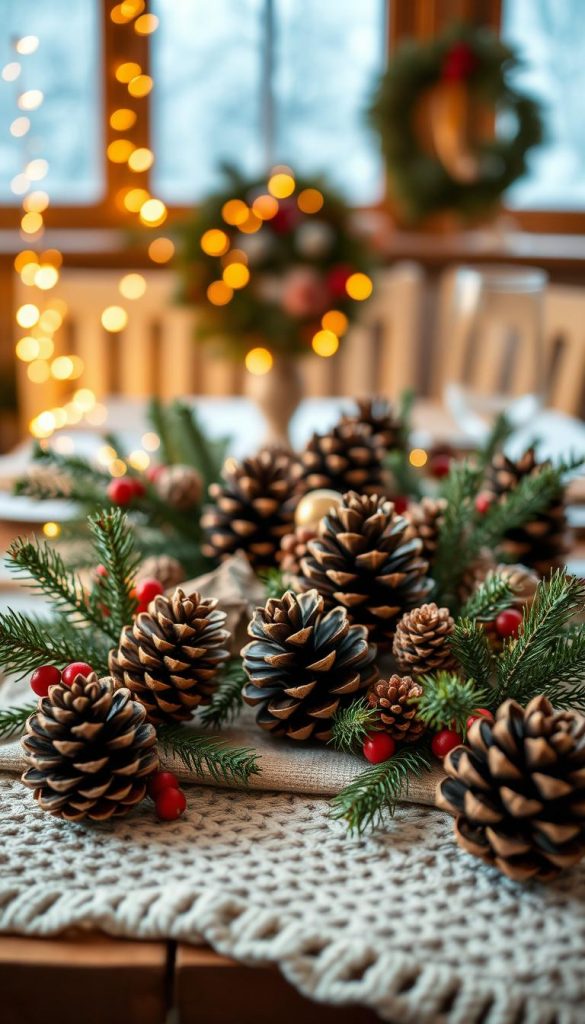 Create an enchanting winter table display featuring decorative pine cones (tannenzapfen) as the focal point. In the foreground, carefully arranged pine cones of varying sizes are interspersed with evergreen sprigs and festive red berries, radiating a natural DIY aesthetic. In the middle ground, a rustic wooden table serves as the base, adorned with a cozy knitted table runner in warm cream tones. In the background, soft, glowing fairy lights create a magical atmosphere, while subtle hints of snowflakes through a frosted window complete the winter vibe. Use warm, inviting lighting to enhance the scene, mimicking a golden hour effect, and set the camera angle to a slightly elevated position for a comprehensive view. This image should exude authenticity and inspire creativity, aligning with the KlickKiste brand's ethos.