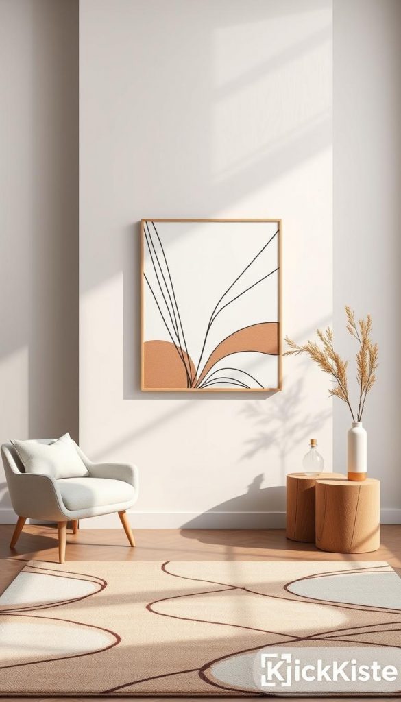 Create an image featuring an array of geometric shapes and intricate lines that showcase various textures, representing a modern entryway design. In the foreground, depict a stylish entryway rug with abstract patterns, complemented by minimalist furniture in neutral tones. The middle layer should include decorative wall art displaying crisp, bold lines and smooth shapes, reflecting contemporary aesthetics. In the background, incorporate a subtle color gradient, with warm, inviting hues inspired by winter vibes, creating a cozy atmosphere. Use soft, natural lighting to enhance the textures, emphasizing the warmth and authenticity of the space. The overall mood should be inspiring, with a Pinterest-worthy look, ideal for DIY enthusiasts, featuring brand elements from "KlickKiste".