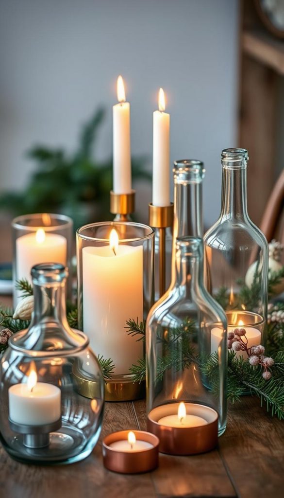 Create an image featuring an elegant arrangement of glass elements, perfect for winter candle styling. In the foreground, showcase several upcycled glass bottles of varying shapes and sizes, gently illuminated by candlelight, casting warm, soft glows. The middle ground should include a mix of metallic accents, like brass and copper, enhancing the chic atmosphere. Arrange delicate pine branches and winter florals around the glass, adding a natural touch. The background should be softly blurred, suggesting a cozy indoor setting with a rustic wooden table. Incorporate warm color tones to reflect inviting winter vibes, creating a Pinterest-worthy aesthetic. Emphasize an authentic and inspiring look, suitable for the brand KlickKiste, with a focus on DIY elegance.