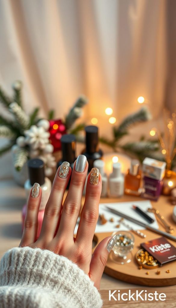 Create an image featuring exquisite "Silvester Nageldesign" inspired nail art designs that blend classy and glitter statement styles. In the foreground, showcase a well-manicured hand demonstrating a mix of elegant nail shapes adorned with silver and gold glitter accents. The middle ground should highlight a beautifully arranged table with DIY nail art supplies, including bottles of polish, rhinestones, and tools, all set against a cozy, warm-toned backdrop evoking a winter vibe. The background should be softly blurred, suggesting a festive atmosphere with twinkling lights and subtle holiday decorations. Utilize soft, warm lighting to create an inviting and inspirational mood, capturing the essence of a DIY winter nail design experience. The image is branded with "KlickKiste" subtly integrated into the scene, enhancing its aesthetic appeal.