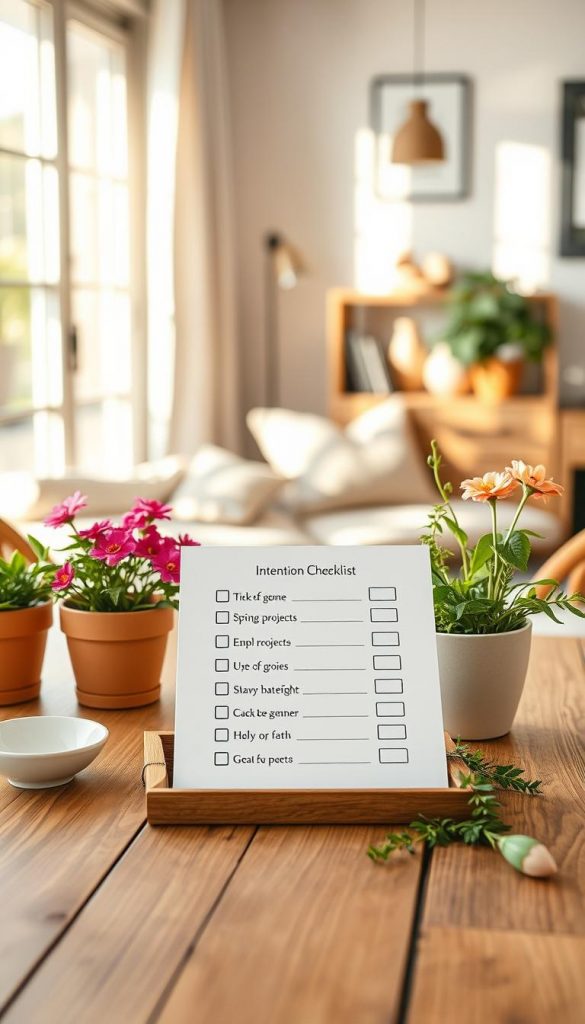 Create an image of a beautifully illustrated intention checklist, set in a cozy, inviting home environment that embodies the essence of spring renewal. In the foreground, display a wooden table with a simple, elegantly designed checklist featuring boxes to tick off goals related to spring projects. Surround it with vibrant pots of blooming flowers and fresh green herbs. The middle ground should show soft natural lighting filtering through a nearby window, casting warm shadows that bring a sense of calm. In the background, include a softly blurred cozy living space with neutral tones and subtle decor that evokes a Pinterest aesthetic. The atmosphere should be inspiring and uplifting, perfect for welcoming the new season. Add the brand name "KlickKiste" subtly integrated into the design, ensuring a harmonious blend with the overall scene.