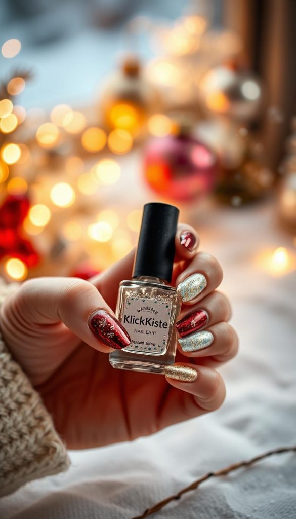 Create an image showcasing a captivating, close-up view of polished nails featuring a glossy manicure reflecting the theme "Haltbarkeit manicure shine" for New Year's celebrations. The nails are adorned with intricate, sparkling designs, showcasing a blend of festive colors like gold, silver, and deep red. In the foreground, beautifully manicured hands gently hold a small bottle of "KlickKiste" nail sealant, emphasizing durability and shine. In the middle ground, softly blurred holiday-themed decorations like twinkling fairy lights and elegant ornaments add a warm, inviting atmosphere. The background presents a winter wonderland aesthetic with light snowfall and a cozy setting, enhancing the seasonal vibes. Use soft, warm lighting to create a festive glow, and focus on a slight depth of field to draw attention to the nails and product.