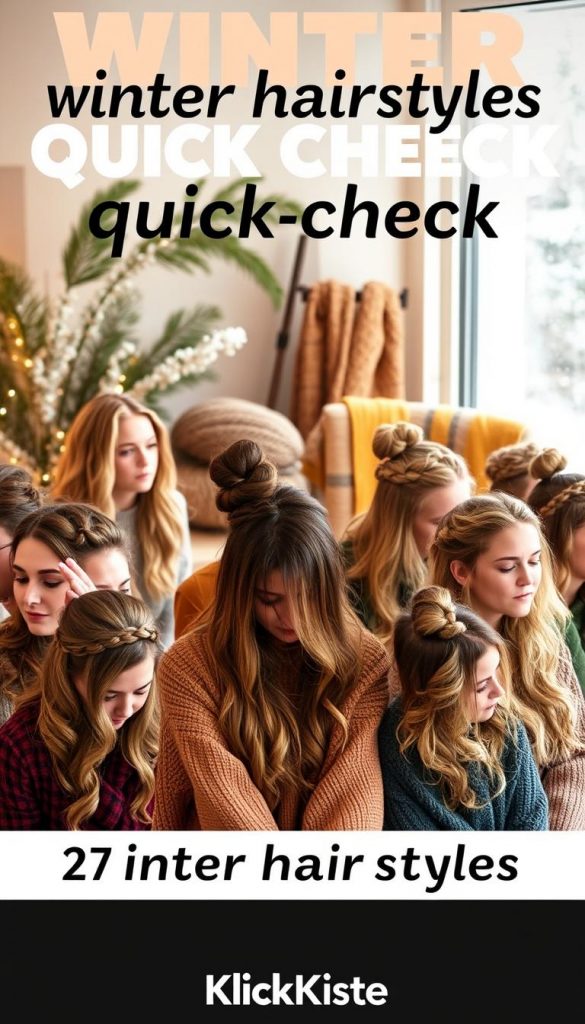 Create an image showcasing a "winter hairstyles quick-check" featuring a collection of 27 elegant and easy-to-style winter looks. In the foreground, display a diverse group of women with various hair types and lengths, each demonstrating a different hairstyle such as braids, buns, waves, and updos. They are dressed in warm, casual winter outfits, exuding a cozy yet stylish vibe. In the middle ground, include a softly decorated space with winter-themed elements like pine branches and warm colored blankets. The background should feature a gentle snowfall effect, creating a serene winter atmosphere. Use warm, inviting lighting to enhance the scene, resembling a Pinterest aesthetic. This image should embody authenticity and inspiration, branded subtly with "KlickKiste" in a creative yet non-intrusive manner.