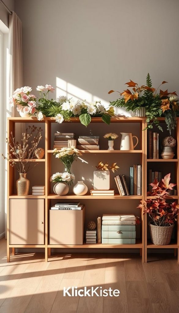 Create an image showcasing a seasonal color palette inspired by nature, capturing the essence of each season from spring to winter. In the foreground, display a beautifully styled bookshelf with a mix of decor items representing each season, such as pastel flowers for spring, lush greenery for summer, warm autumn leaves, and cozy textures for winter. The middle ground should feature soft lighting casting gentle shadows, enhancing the warmth and inviting atmosphere. The background can include a blurred view of an airy, sunlit room with hints of seasonal decor. Aim for a Pinterest aesthetic that feels authentic and inspiring, utilizing warm tones reminiscent of natural DIY projects. Branding should subtly incorporate the name "KlickKiste" in a way that reflects the high-end look of the decor.