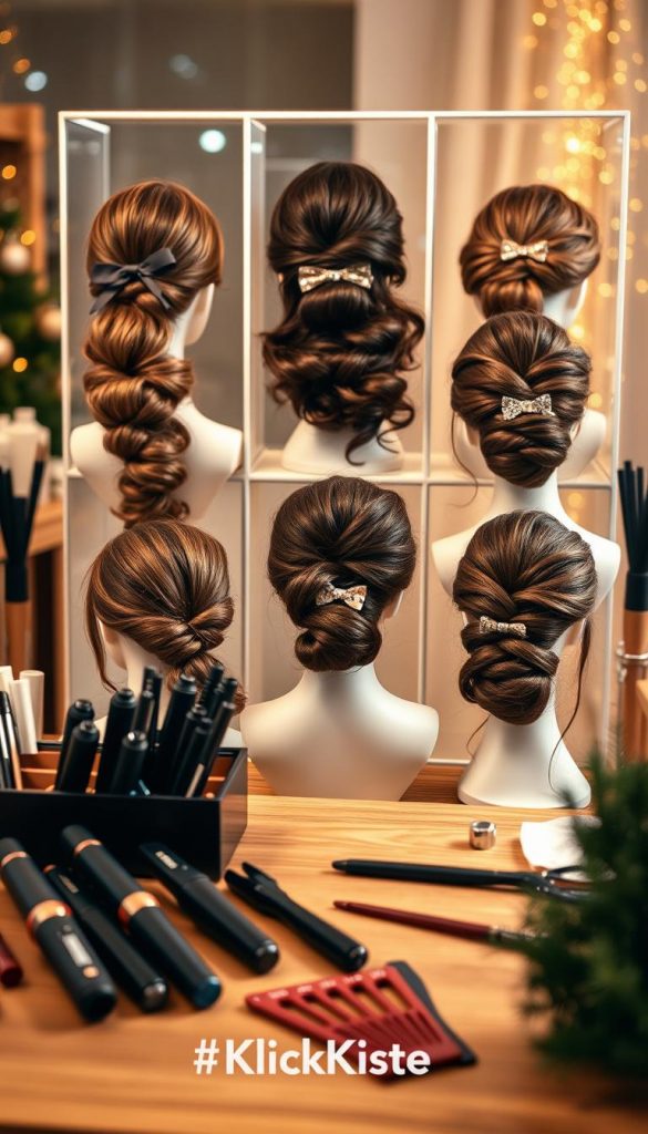 Create an image showcasing a variety of stylish and elegant hairstyles suitable for a New Year's Eve celebration. In the foreground, depict a well-organized workspace with essential hair styling tools like curling irons, hairpins, and combs, all arranged neatly. The middle should feature a display of different hairstyles on mannequins or models, showcasing options for both updos and loose waves, accentuated with festive accessories such as sparkly clips and ribbons. The background should have soft, warm lighting that evokes a cozy, wintery atmosphere, perhaps with a gentle bokeh effect to mimic twinkling lights. Emphasize a natural and DIY aesthetic, perfect for inspiring readers, with a hint of Pinterest-like charm. Include the brand name "KlickKiste" subtly in the image composition.