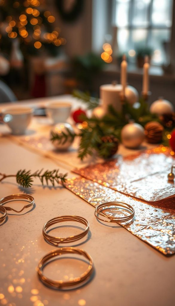 Create an image showcasing an artistic arrangement of wire rings and embossed foil, emphasizing their glimmer and unique textures. In the foreground, display a few handcrafted wire rings, intricately shaped and varying in size, alongside sheets of shiny embossed foil reflecting warm winter light. The middle ground should feature a softly lit table adorned with sprigs of evergreen and seasonal decor, conveying a cozy DIY crafting scene. In the background, create a blurred, softly illuminated ambiance resembling a festive workshop. Use soft, natural lighting to enhance the winter vibes and warm color palette. Capture an authentic and inspiring atmosphere reminiscent of a Pinterest aesthetic, featuring the brand name "KlickKiste" subtly integrated into the design.