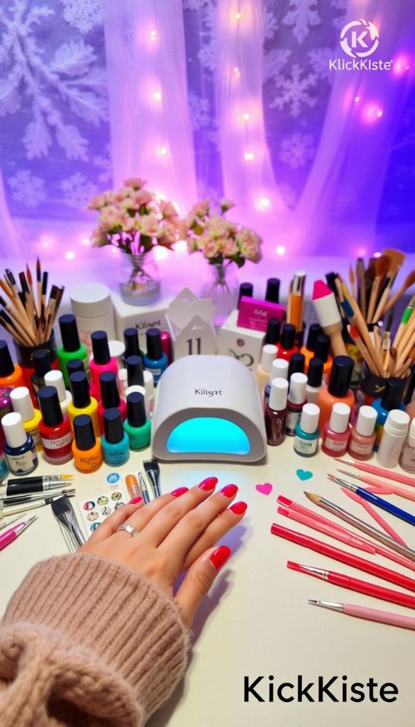 Create an inviting DIY nail design setup, featuring a well-organized table adorned with an array of nail art supplies, like colorful nail polishes, brushes, and tools. In the foreground, display a beautifully manicured hand applying a romantic heart design on a nail. In the middle, include a variety of materials such as glitter, stickers, and a small lamp for curing gel polish. The background should subtly showcase a cozy, winter-themed environment with soft, warm lighting that enhances the vibrant colors of the products, evoking a Pinterest-inspired aesthetic. Incorporate elements like a small vase with flowers and a "KlickKiste" logo subtly integrated into the scene, creating an authentic and inspiring atmosphere. Aim for a warm, welcoming vibe perfect for DIY enthusiasts. Create an inviting DIY nail design setup, featuring a well-organized table adorned with an array of nail art supplies, like colorful nail polishes, brushes, and tools. In the foreground, display a beautifully manicured hand applying a romantic heart design on a nail. In the middle, include a variety of materials such as glitter, stickers, and a small lamp for curing gel polish. The background should subtly showcase a cozy, winter-themed environment with soft, warm lighting that enhances the vibrant colors of the products, evoking a Pinterest-inspired aesthetic. Incorporate elements like a small vase with flowers and a "KlickKiste" logo subtly integrated into the scene, creating an authentic and inspiring atmosphere. Aim for a warm, welcoming vibe perfect for DIY enthusiasts.