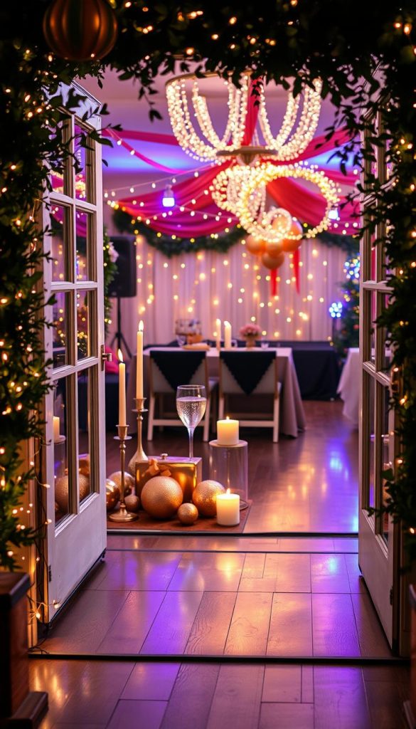 Create an inviting New Year's Eve party setting that reflects a sparkling atmosphere from the entrance to the dance floor. In the foreground, include a beautifully decorated entrance framed with twinkling fairy lights and lush greenery. In the middle, showcase a table adorned with elegant DIY decorations featuring metallic gold and silver elements, along with candles casting a warm glow. The background should depict a lively dance floor illuminated by soft, colored lights, with festive decorations like balloons and streamers in warm hues. Use natural lighting to create a cozy atmosphere, and optimize the composition with a slightly angled perspective, invoking the feeling of celebration and warmth. This image should embody the essence of KlickKiste's DIY approach, making it authentically inspirational, perfect for winter vibes.