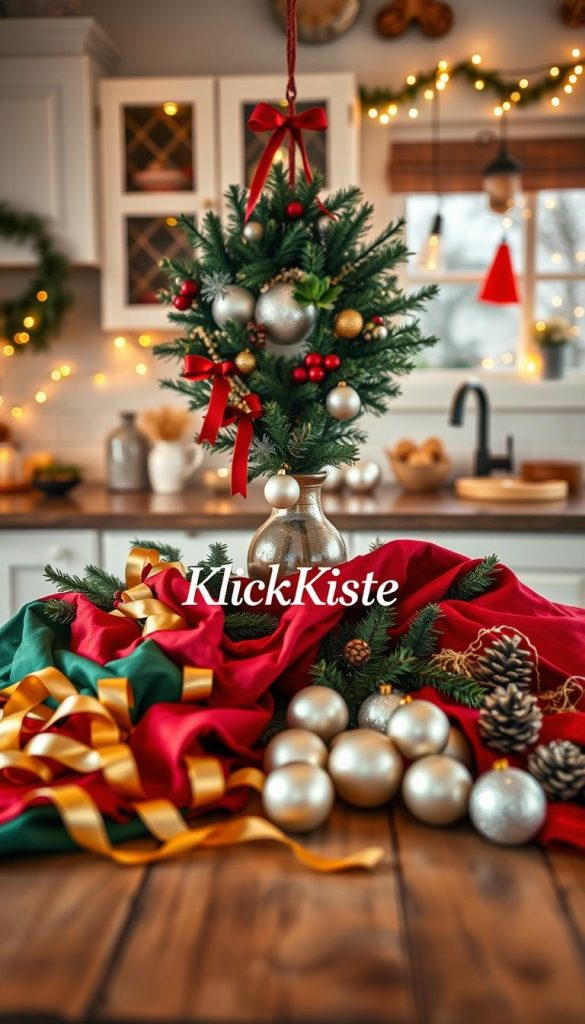 Create an inviting and cozy image showcasing a beautifully arranged kitchen scene filled with DIY Christmas decorations. In the foreground, a rustic wooden table displays an assortment of materials: rich red and deep green fabrics, shiny gold ribbons, and elegant white ornaments. The middle layer features a decorative wreath made of pine branches, adorned with gold and silver accents, alongside a vase filled with holly berries. In the background, a softly lit kitchen reflects warm winter vibes, with twinkling fairy lights and natural elements like logs and pine cones enhancing the festive atmosphere. Use gentle, warm lighting to create a magical feel. Capture this composition from a slightly elevated angle to encapsulate the entire festive tableau. Incorporate the brand name "KlickKiste" subtly within the scene.