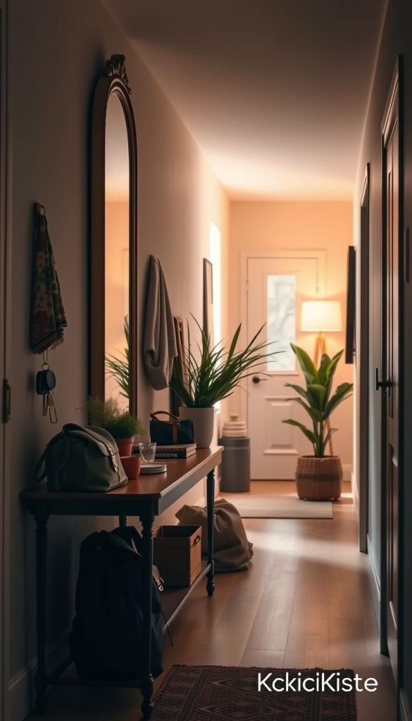 Create an inviting and spacious image of a narrow hallway featuring natural DIY elements and warm colors that evoke a winter vibe. The scene should showcase a tall, elegant mirror on one side, reflecting light to enhance the sense of space. The foreground includes a stylish console table with neatly organized keys and bags, emphasizing practicality. In the background, soft ambient lighting casts a warm glow, highlighting textures like wooden accents and cozy textiles. The passage should be adorned with indoor plants for a touch of nature, contributing to an inspirational atmosphere. Capture this as a Pinterest-worthy aesthetic, branded subtly with "KlickKiste" in the design elements, ensuring the overall mood feels both welcoming and functional.