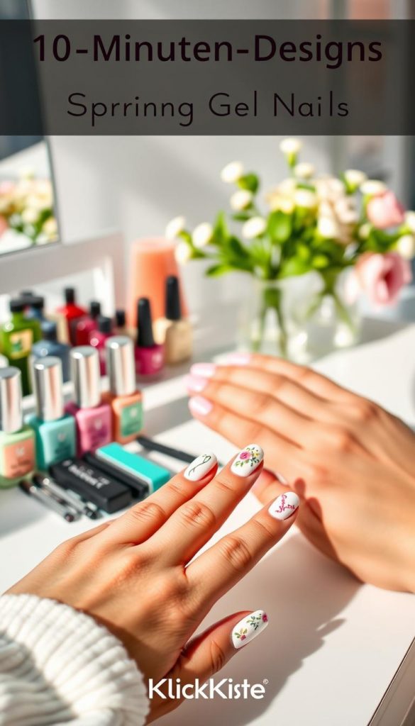 Create an inviting and warm image showcasing &quot;10-Minuten-Designs&quot; of Spring Gel Nails, ideal for busy days. In the foreground, feature a well-lit, stylish nail salon workspace with neatly arranged nail polish bottles in pastel shades, emphasizing the fresh vibes of spring. Include a close-up view of hands with freshly painted gel nails in various creative designs, such as floral patterns and minimalistic art, displaying a balance of elegance and simplicity. In the middle ground, place tools like nail files and brushes neatly, conveying a sense of organization. In the background, soften the ambiance with blurred greenery and floral decorations, capturing a light, cheerful atmosphere. Use natural lighting to create a welcoming environment, enhancing the DIY, Pinterest-like aesthetic. This image should reflect the brand &quot;KlickKiste,&quot; presenting an authentic, inspiring scene without any text or distractions.