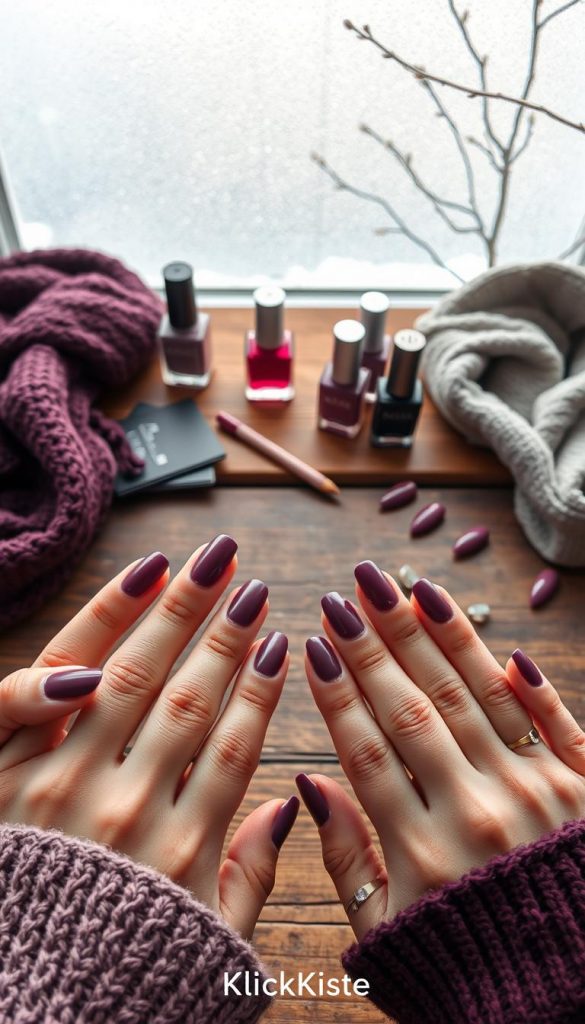 Create an inviting and warm image showcasing "30 quick design ideas" for plum nail styles, demonstrating various elegant and trendy winter designs suitable for DIY enthusiasts. In the foreground, feature neatly arranged hands with beautifully manicured plum nails in different styles such as ombré, matte, and glossy finishes, each with small decorative elements like crystals and minimalist nail art. In the middle ground, incorporate a stylish wooden table adorned with art supplies, nail polish bottles in rich plum shades, and a cozy knit scarf, reflecting a Pinterest-inspired aesthetic. The background should convey a serene winter vibe with soft, natural lighting filtering in through a frosted window, enhancing the atmosphere of creativity and warmth. Ensure the setting is authentic, inspiring, and emphasizes the brand "KlickKiste".