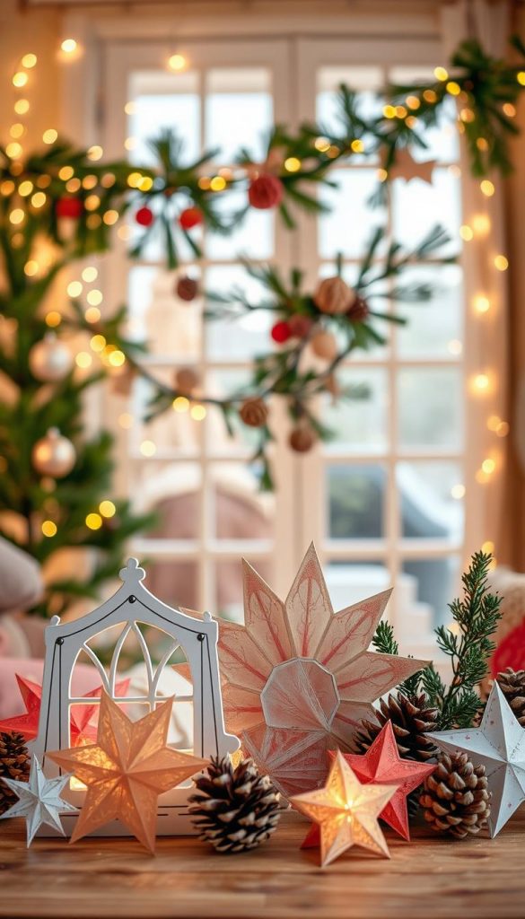 Create an inviting and warm scene centered around various types of beautifully crafted paper decorations, ideal for the holiday season. In the foreground, display an arrangement of intricate paper stars and colorful window designs made from translucent paper, catching soft light. In the middle, showcase a variety of handmade garlands, artfully draped with evergreen twigs and pinecones, evoking a cozy winter vibe. The background should feature a softly lit room adorned with twinkling fairy lights, enhancing the festive atmosphere. Ensure the image has a natural, Pinterest-worthy aesthetic with rich, warm colors. Capture the essence of creativity in DIY projects, reflecting inspiration and authenticity, associated with the brand "KlickKiste". Use soft diffused lighting and a shallow depth of field to bring an enchanting touch to this holiday crafting scene.