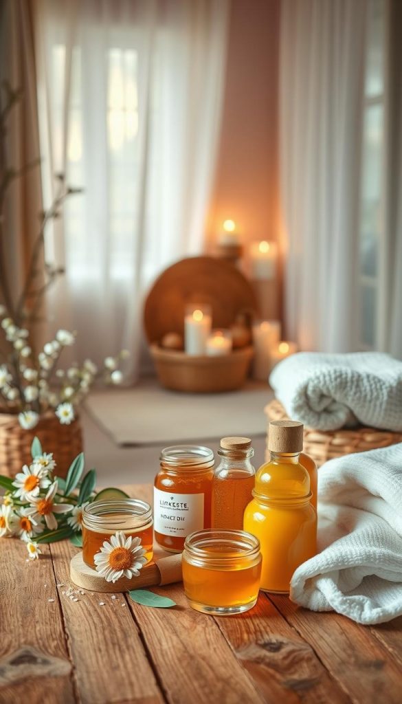 Create an inviting and warm spa scene focusing on the concept of skin care, prominently featuring various colorful DIY skincare products like scrubs, masks, and essential oils. In the foreground, display an aesthetically arranged wooden table with jars of natural ingredients such as honey, avocado, and coconut oil, alongside fresh flowers and soft towels. The middle ground should include a serene, softly lit space with gentle, diffused lighting, possibly from candles or natural sunlight filtering through sheer curtains, creating a cozy ambiance. In the background, suggest a tranquil atmosphere with soft colors and textures, evoking winter vibes, while ensuring the overall image is bright, inviting, and reminiscent of popular Pinterest aesthetics. The brand &quot;KlickKiste&quot; should be subtly infused into the design to enhance the authenticity and inspiration of the scene.