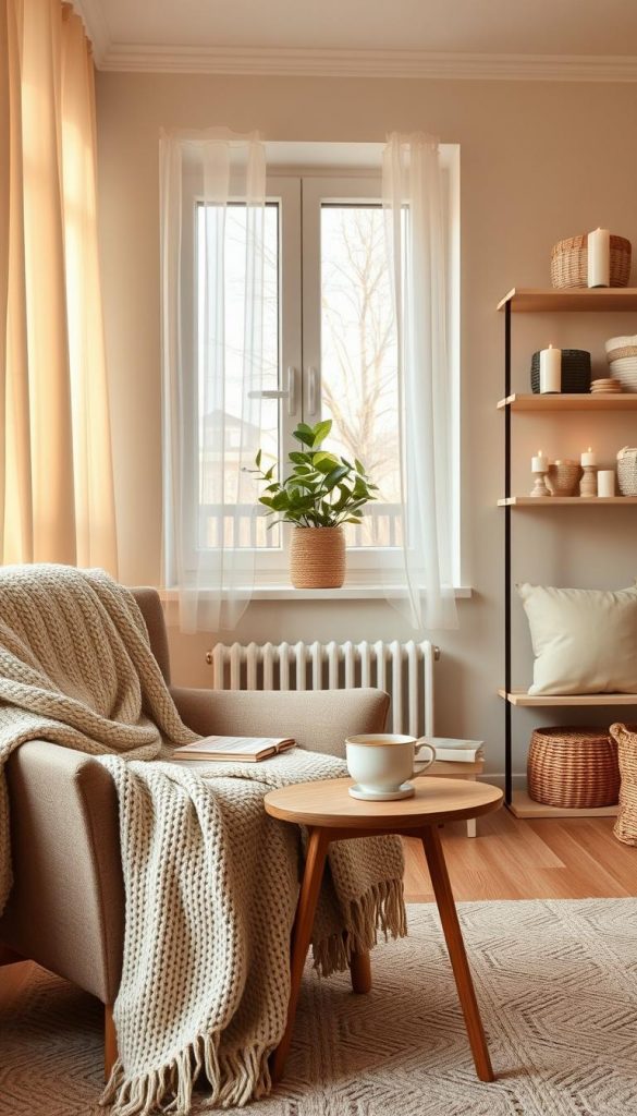 Create an inviting hygge-inspired home interior that radiates warmth and comfort, perfect for spring. In the foreground, display a cozy armchair draped with a soft knitted blanket and a small table adorned with a steaming cup of herbal tea. The middle layer should feature a window with sheer curtains, allowing soft, natural daylight to fill the space, highlighting an indoor plant and a stack of books. In the background, include shelves lined with decorative items—candles, woven baskets, and pastel-colored cushions—creating an authentic Pinterest-inspired atmosphere. The overall lighting should be warm and inviting, reminiscent of golden hour, to evoke feelings of serenity and contentment. The composition should emphasize simplicity and natural beauty, showcasing the essence of "KlickKiste" in a peaceful spring setting. Create an inviting hygge-inspired home interior that radiates warmth and comfort, perfect for spring. In the foreground, display a cozy armchair draped with a soft knitted blanket and a small table adorned with a steaming cup of herbal tea. The middle layer should feature a window with sheer curtains, allowing soft, natural daylight to fill the space, highlighting an indoor plant and a stack of books. In the background, include shelves lined with decorative items—candles, woven baskets, and pastel-colored cushions—creating an authentic Pinterest-inspired atmosphere. The overall lighting should be warm and inviting, reminiscent of golden hour, to evoke feelings of serenity and contentment. The composition should emphasize simplicity and natural beauty, showcasing the essence of "KlickKiste" in a peaceful spring setting.
