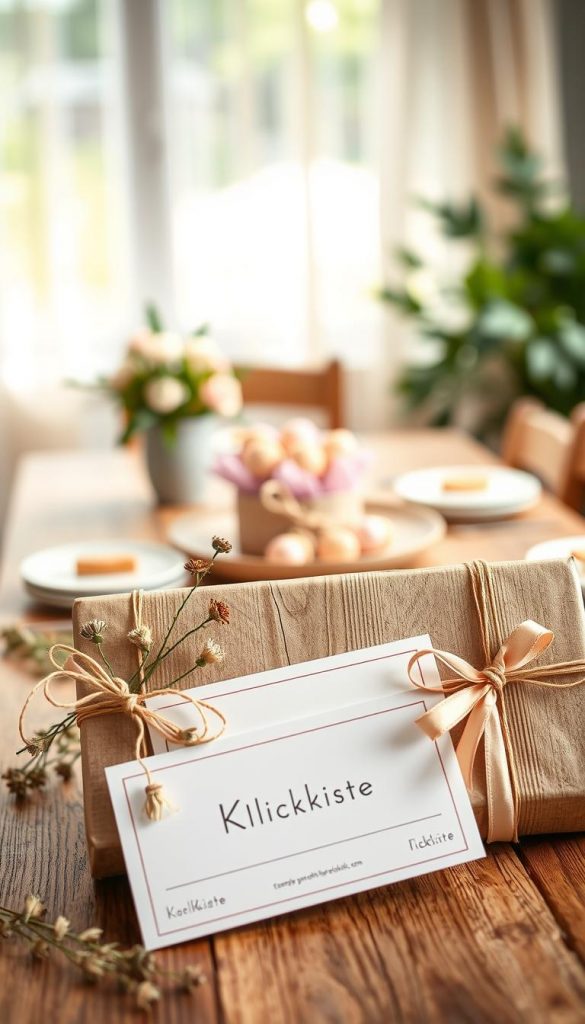 Create an inviting image of a beautifully wrapped gift set featuring a Gutschein (voucher) package, designed for a Mother's Day gift basket. In the foreground, display a carefully arranged Gutschein package adorned with elegant ribbons and natural embellishments like dried flowers and twine, showcasing the brand "KlickKiste" subtly. In the middle, include a cozy, rustic wooden table setting adorned with pastel-colored decorative elements, perhaps a pot of fresh flowers or homemade treats, evoking a warm, DIY aesthetic. In the background, gently blurred, suggest a sunlit room with soft, natural light filtering through curtains, enhancing the inviting and inspiring atmosphere. Aim for a soft focus, rich colors, and a Pinterest-worthy feel that radiates warmth and creativity, perfect for showcasing the theme of experiential gifts over material items.