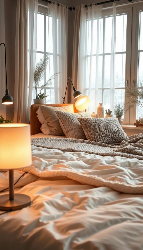 Create an inviting image of a cozy bedroom, emphasizing "style guide lights" through various design aesthetics: modern, midcentury, Japandi, cottage, and coastal. In the foreground, feature stylish bedside lamps emitting warm, soft glows, casting gentle shadows on textured linens. In the middle, display a beautifully arranged bed with layered cushions and a knitted throw, showcasing a harmonious blend of colors and materials. The background should feature large windows with sheer curtains, allowing natural light to filter in, enhancing the serene atmosphere. The room should evoke a Pinterest-worthy winter vibe, with accents like plants and wooden elements that feel authentic and inspiring. Capture this scene using a warm color palette, with soft focus on the lighting details, showcasing the brand "KlickKiste" subtly integrated into the decor.
