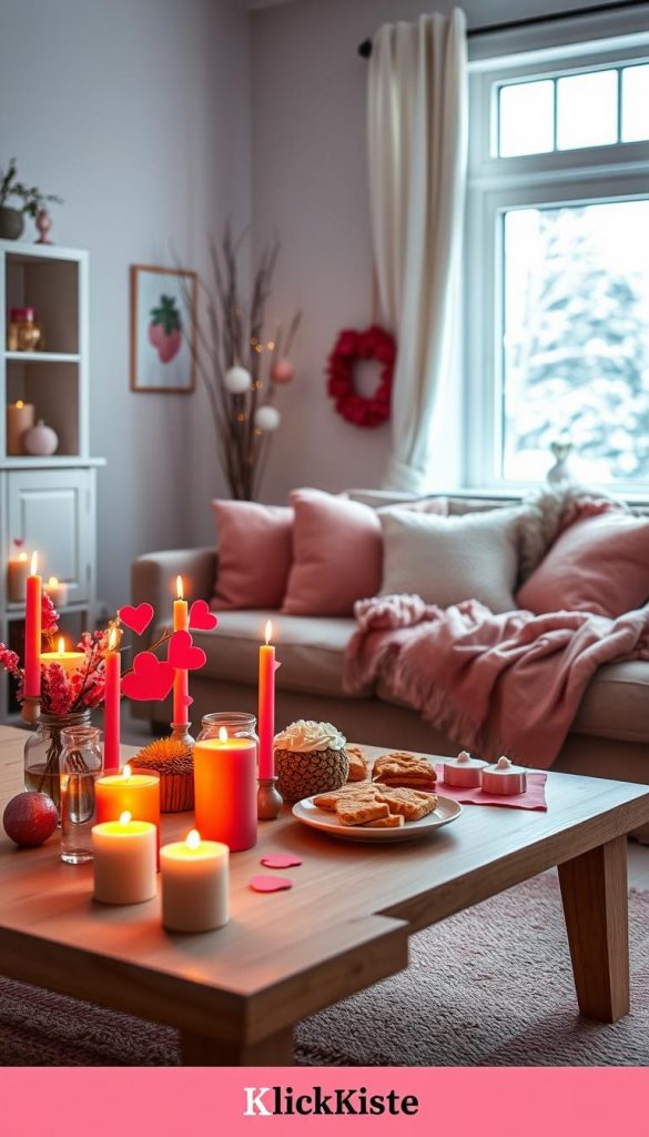 Create an inviting image of a cozy indoor Galentine’s celebration in a beautifully styled living room that embodies the playful Scandi style with colorful highlights. In the foreground, feature a tastefully arranged coffee table with vibrant, handmade decorations, warm-colored candles, and an assortment of delicious treats. The middle ground should showcase a comfortable sofa adorned with soft throws and cushions in pastel tones, inviting conversation. In the background, a softly lit window reveals hints of a snowy winter landscape outside, enhancing the cozy atmosphere. Use warm, ambient lighting to create a welcoming vibe. The scene should capture a sense of fun and friendship, emphasizing natural DIY elements. The brand "KlickKiste" should be subtly integrated into the design, evoking an authentic and inspiring Pinterest aesthetic.