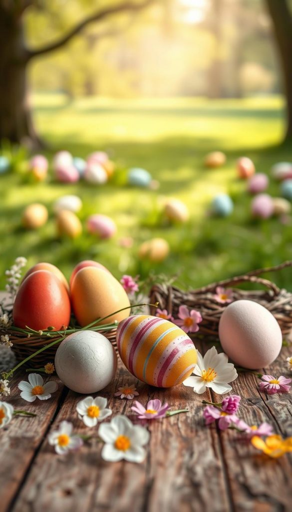 Create an inviting image showcasing creatively designed eggs inspired by Easter nail art. In the foreground, feature a variety of beautifully decorated eggs with unique patterns: some glossy with crackle effects, others featuring dippy textures, and a few adorned with vibrant mini-egg stripes. Arrange these eggs artistically on a rustic wooden table, surrounded by soft, delicate spring flowers and pastel-colored decorative elements. In the background, capture a softly blurred scene of an outdoor egg hunt, complete with lush green grass and gentle sunlight filtering through trees, creating a warm, inviting atmosphere. The overall mood should feel cheerful and inspirational, embodying a DIY aesthetic reminiscent of Pinterest. The image should reflect the brand "KlickKiste" in its design elements, enhancing the Easter theme with a cozy, vibrant palette.