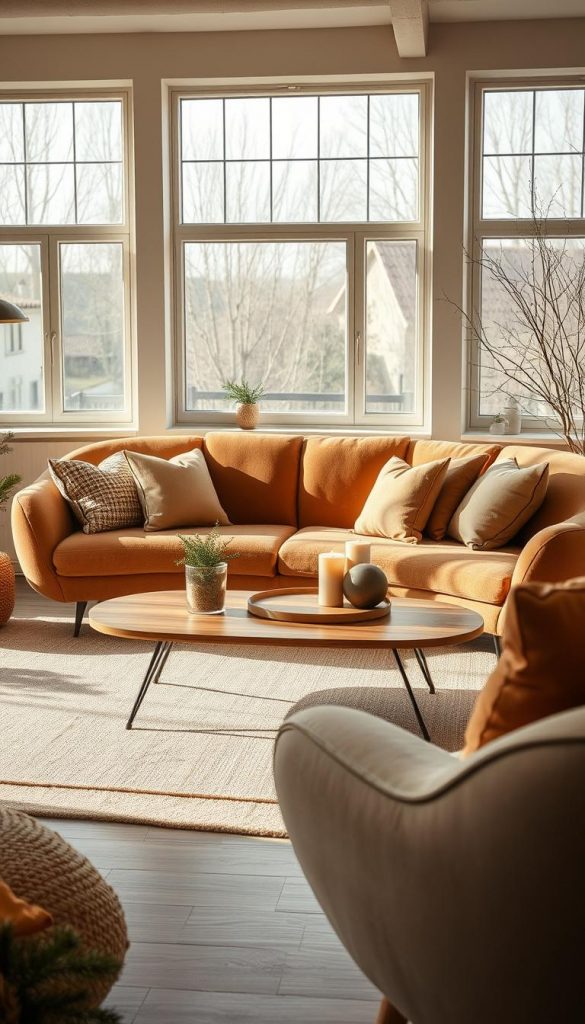 Create an inviting interior scene showcasing organic furniture shapes that emphasize comfort and smart functionality. In the foreground, display a stylish, curvy sofa with plush textures in warm earthy tones, accentuated by cozy throw pillows. In the middle ground, feature a sleek coffee table made from sustainable materials, adorned with a few decorative candles and a small plant. The background should depict large windows letting in soft, natural light, casting gentle shadows across the room. There should be subtle hints of winter vibes with a few pine branches and cozy textiles. The atmosphere should feel warm and inspiring, reflecting a modern Pinterest aesthetic. Include the brand name "KlickKiste" subtly through the materials or decor elements to emphasize authenticity and a DIY spirit. Use a wide-angle lens to capture the harmonious layout of the space.