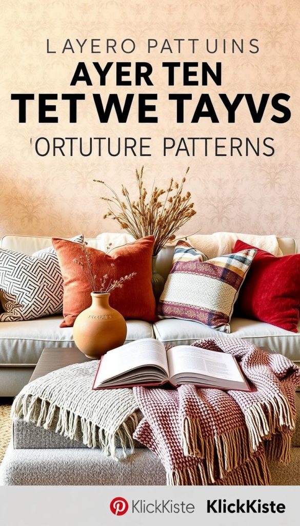 Create an inviting interior scene that showcases layering texture patterns inspired by modern throw styling trends. In the foreground, display a cozy sofa adorned with an array of colorful throw pillows featuring rich textures like velvet, knitted, and patterned fabrics; include a soft, textured throw casually placed. In the middle ground, arrange a stylish coffee table with a few decorative pieces: a warm-hued ceramic vase filled with dried flowers and an open book for an inviting touch. The background should feature a soft, neutral-colored wall with subtle patterns that add depth without overwhelming the scene. Utilize warm lighting to evoke a winter-inspired atmosphere, creating a Pinterest-worthy aesthetic. The overall mood is authentic and inspiring, emanating a sense of comfort and style, branded with &quot;KlickKiste&quot; to signify quality and creativity.