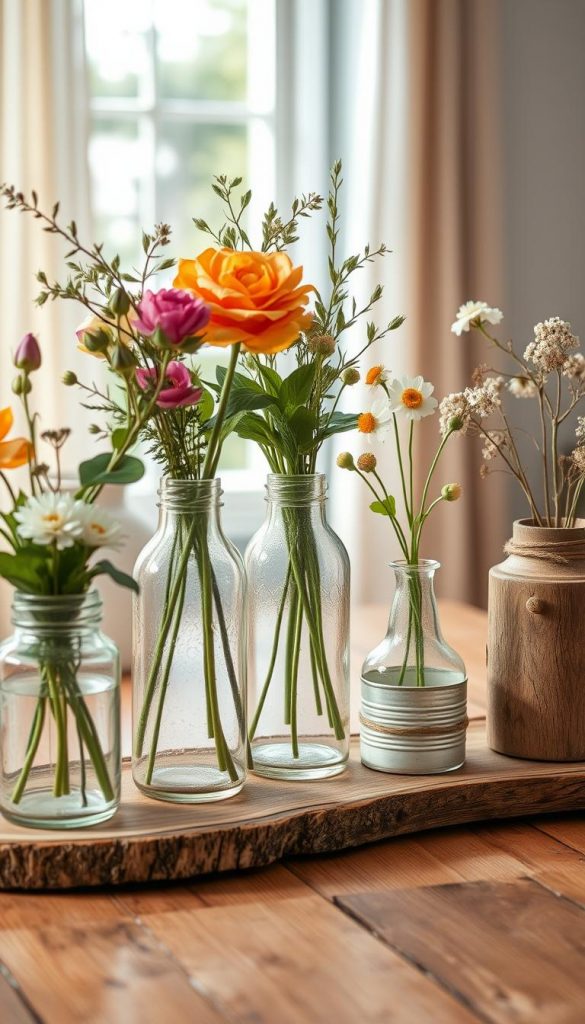 Create an inviting scene showcasing innovative upcycling vase ideas for spring decoration, inspired by KlickKiste. In the foreground, feature a collection of unique vases made from glass jars, tin cans, and reclaimed wood, each adorned with fresh flowers and greenery. In the middle ground, arrange a rustic wooden table with natural textures, keep the palette warm and earthy. The background should softly blur to reveal a sunlit window with gentle curtains, enhancing a cozy atmosphere. Use soft, diffused lighting to create a tranquil vibe. Capture the essence of sustainability and creativity, with a Pinterest-worthy aesthetic that encourages viewers to rethink decor while reflecting a modern yet natural style.
