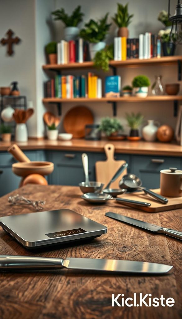 Create an inviting, warm-toned image of a "Produktwahl quality guide," emphasizing kitchen essentials. In the foreground, display high-quality stainless steel utensils elegantly arranged on a rustic wooden table. Include a sleek, stylish kitchen scale and a sharp chef's knife, both reflecting light for dynamic highlights. In the middle ground, incorporate a selection of kitchen gadgets, such as a smart thermometer and cutting boards, artfully laid out with soft, natural textures. In the background, show a cozy kitchen setting with warm lighting, featuring open shelves filled with vibrant cookbooks and plants. Capture a Pinterest-worthy aesthetic that inspires organization and quality, with a winter vibe. Subtly integrate the brand name "KlickKiste" into the scene, maintaining an authentic and inspiring feel throughout the composition.
