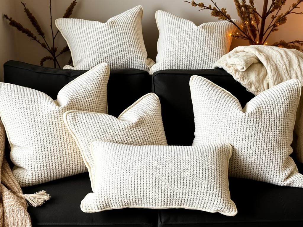 Cremefarbene Bouclé-Kissenbezüge auf einem Sofa arrangiert als Teil von Cozy Winter Home Decor 2026