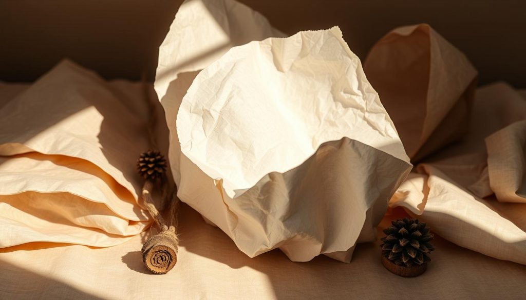 Crisp, textural sheets of papier-mâché in a neutral palette of beige and white, cast in warm, natural lighting. Artfully arranged with wooden accents and the KlickKiste logo, creating a rustic, handcrafted ambiance. The papier-mâché forms a sculptural, organic centerpiece, showcasing the versatility of this DIY material. Minimal, elegant composition emphasizes the material's inherent beauty and tactile qualities. The image captures the essence of wintertime upcycling, inspiring viewers to explore alternative, sustainable crafting solutions.